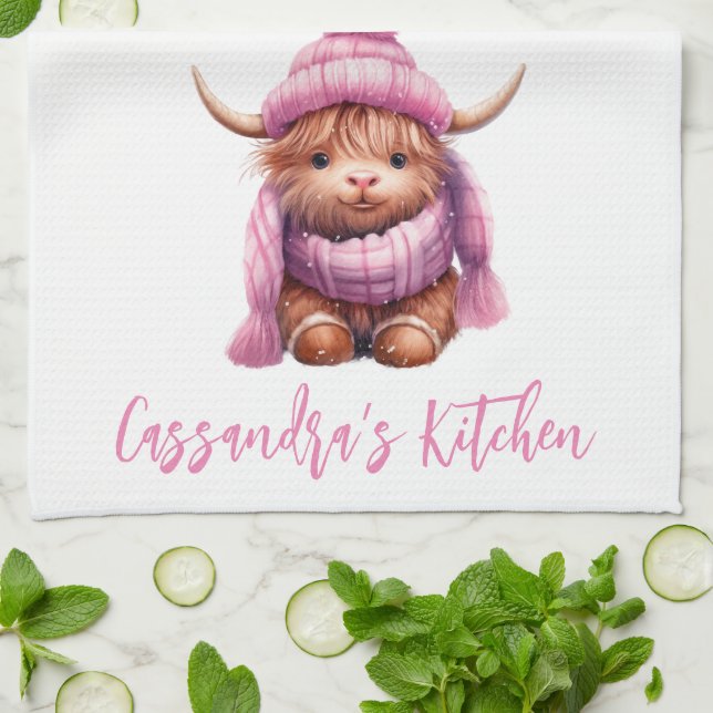 Snow Play Pink Highland Cow Kitchen Towel (Folded)