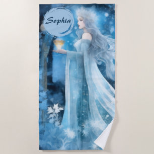 Snow Queen Fantasy Art – Mystical Winter Goddess Beach Towel
