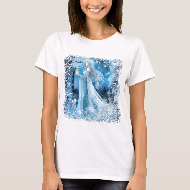 Snow Queen Fantasy Art – Mystical Winter Goddess T-Shirt (Front)