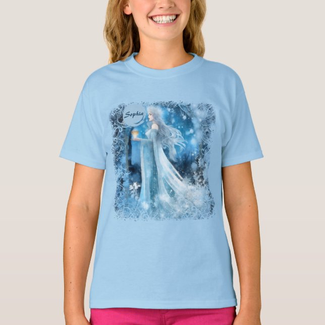Snow Queen Fantasy Art – Mystical Winter Goddess T-Shirt (Front)