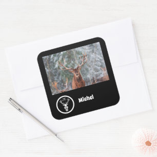 Snow Reindeer Monogram Photo Name Square Sticker