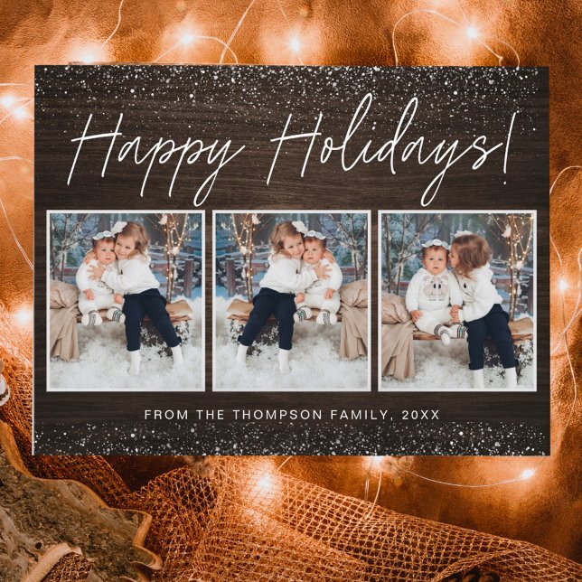Snow & Rustic Wood Minimalist 3 Photo  Holiday Postcard (Creator Uploaded)