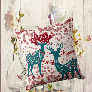Snow Scandinavian Nordic Christmas Reindeer Couple Cushion