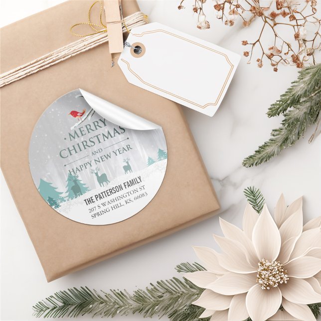 Snow Scene Christmas and New Year Greeting Address Classic Round Sticker (Creator Uploaded)
