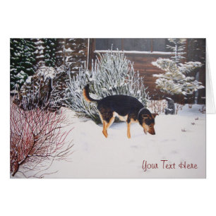 snow scene with cute black & tan dog at christmas