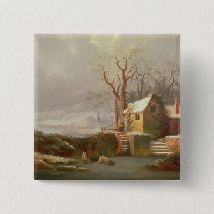 Snow Scene with Mill and Cottages 15 Cm Square Badge