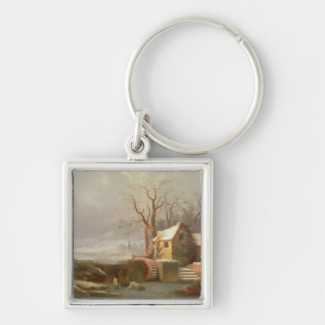 Snow Scene with Mill and Cottages Key Ring (Front)