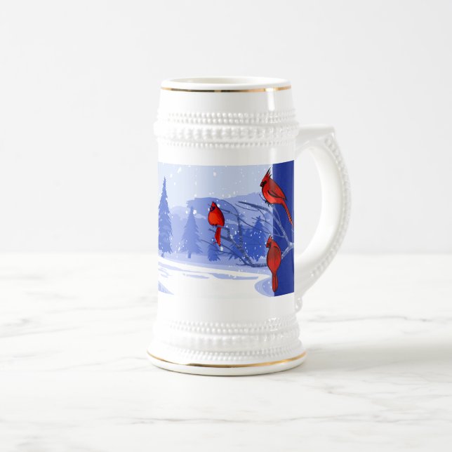 Snow Scene with Red Cardinals Christmas Gift  Beer Stein (Front Right)