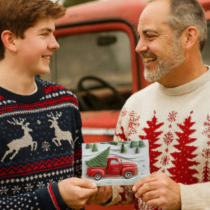 Snow Scene with Red Truck Christmas  Holiday Card