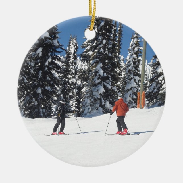 Snow Scene with Skiers and Snow Covered Trees Ceramic Tree Decoration (Front)