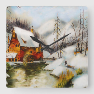 Snow scene with water wheel square wall clock