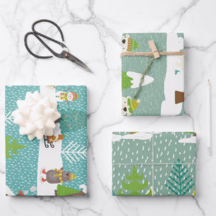 Snow Scenes Christmas Trees Holiday Pattern Wrapping Paper Sheet