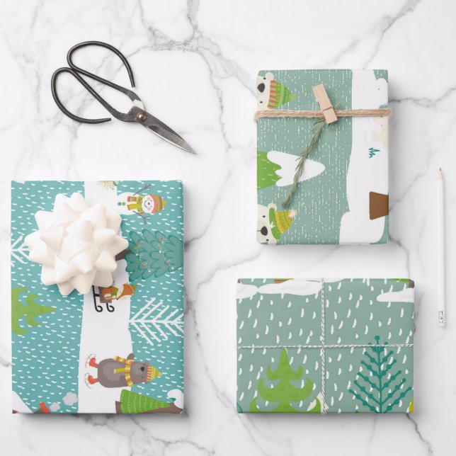 Snow Scenes Christmas Trees Holiday Pattern Wrapping Paper Sheet (Front)