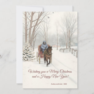 Snow Sketch Horse Drawn Carriage Snow Scene Desig Holiday Card