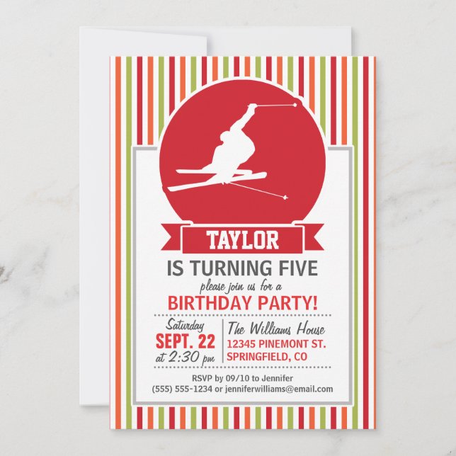 Snow Ski, Skiing, Red, Orange, Green Stripes Invitation (Front)