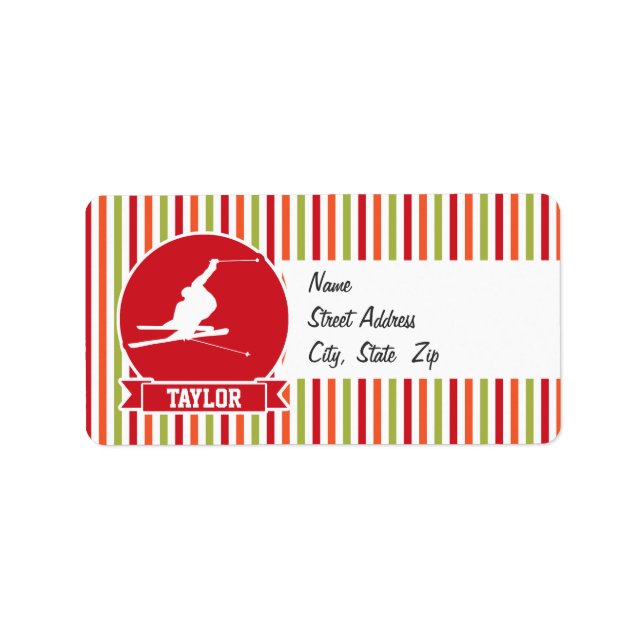 Snow Ski, Skiing, Red, Orange, Green Stripes Label (Front)