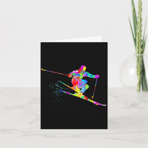 Snow skier cool rainbow art splatter winter skiing card