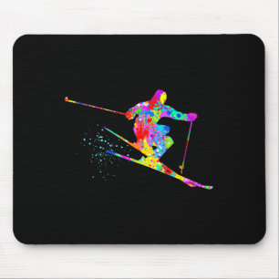 Snow skier cool rainbow art splatter winter skiing mouse pad
