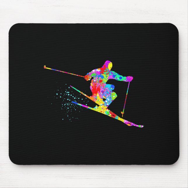 Snow skier cool rainbow art splatter winter skiing mouse pad (Front)