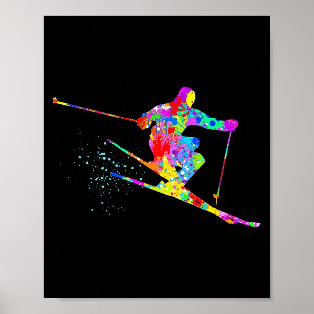 Snow skier cool rainbow art splatter winter skiing poster (Front)
