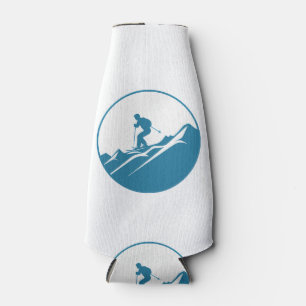 Snow Skier Skiing Down Rocky Mountains Blue and Wh Bottle Cooler