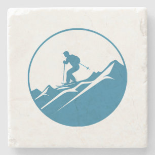 Snow Skier Skiing Down Rocky Mountains Blue and Wh Stone Coaster