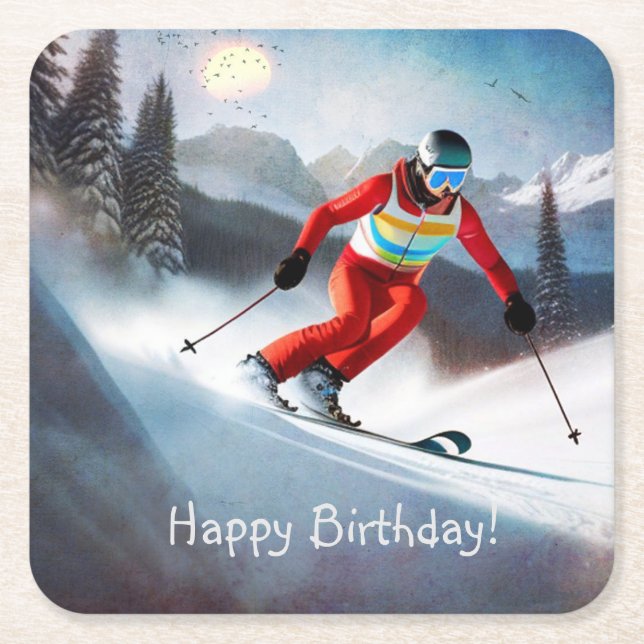 Snow Skiing Birthday Paper Coasters (Front)