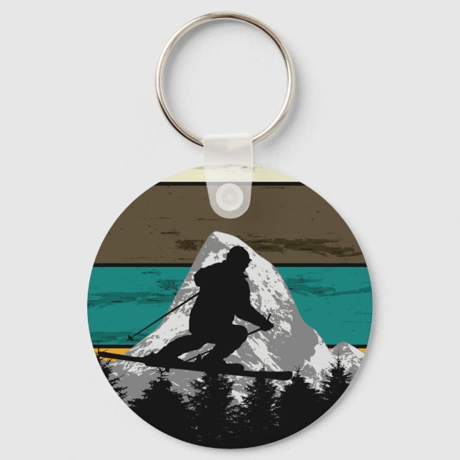 Snow Skiing Mountain Slopes Retro Silhouette Man Key Ring (Front)