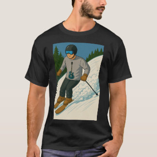 Snow skilling with guitar shirt