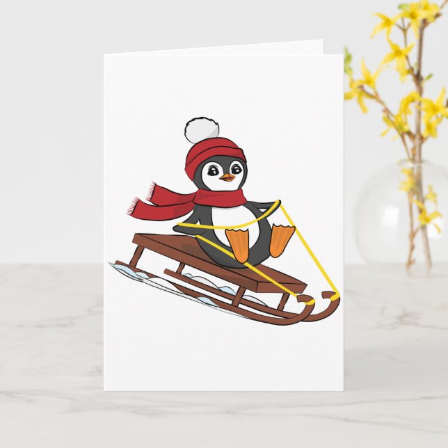 Snow Sledding Penguin Cute Animals Winter Card (Yellow Flower)