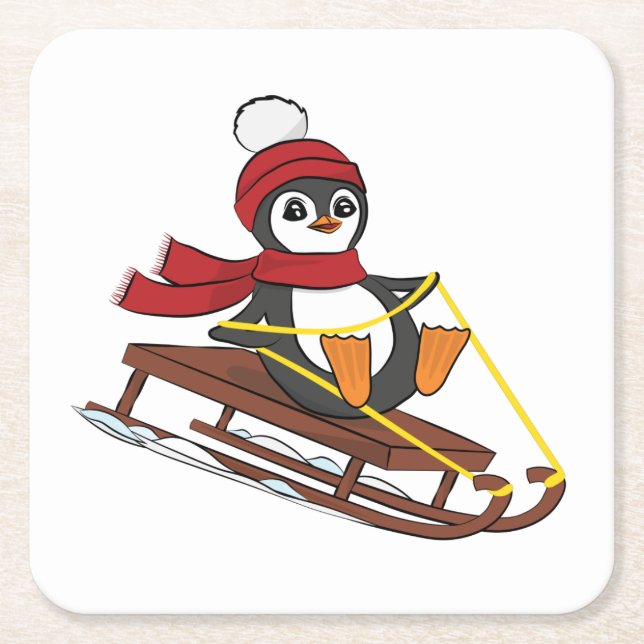 Snow Sledding Penguin Cute Animals Winter Square Paper Coaster (Front)