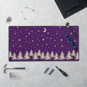 Snow Sparkly Christmas tree, stars, moon on purple Desk Mat