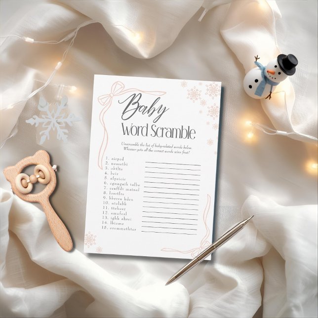 Snow  Taupe Bow Baby Word Scramble Game  Invitation (Frosty Taupe Bow Baby Word Scramble Game)