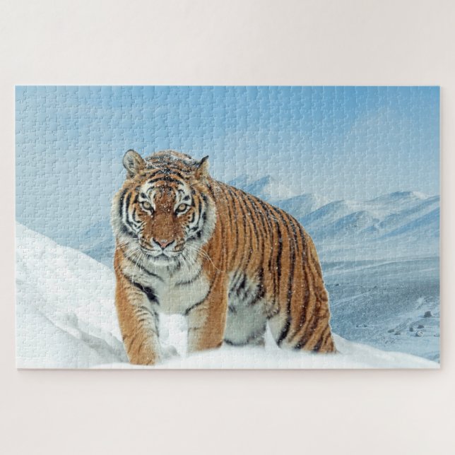 Snow Tiger Mountains Animal Photo Trendy Winter Jigsaw Puzzle (Horizontal)