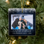 Snow Top Blue Wood First Christmas Family Photo Ceramic Ornament<br><div class="desc">Stylish Script Our First Christmas Family Photo Ceramic Ornament - Rustic Country Blue Wood and Snow Top</div>