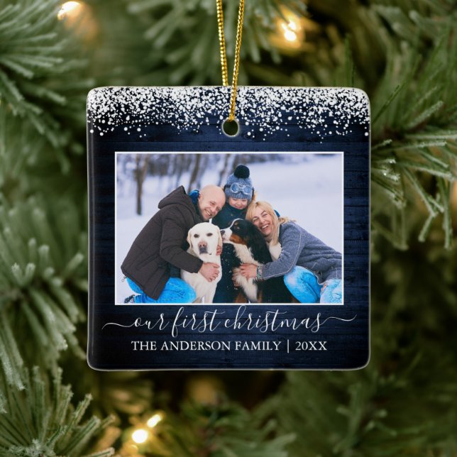 Snow Top Blue Wood First Christmas Family Photo Ceramic Ornament (Tree)