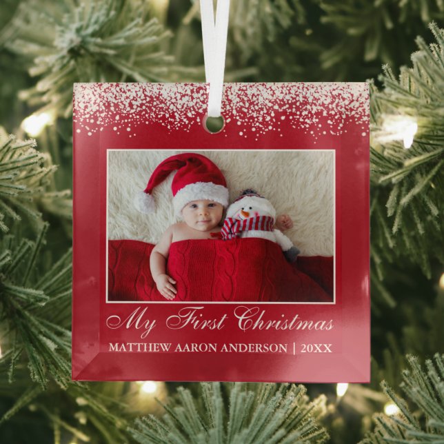Snow Top My First Christmas Baby Photo Red Glass Tree Decoration (Insitu)