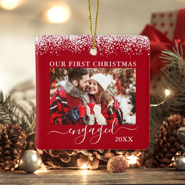 Snow Top Our First Christmas Engaged Photo Red Ceramic Ornament (Double Sided Our First Christmas Photo Ornament.)