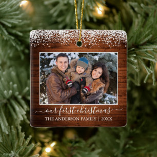Snow Top Wood Our First Christmas Family Photo Ceramic Ornament