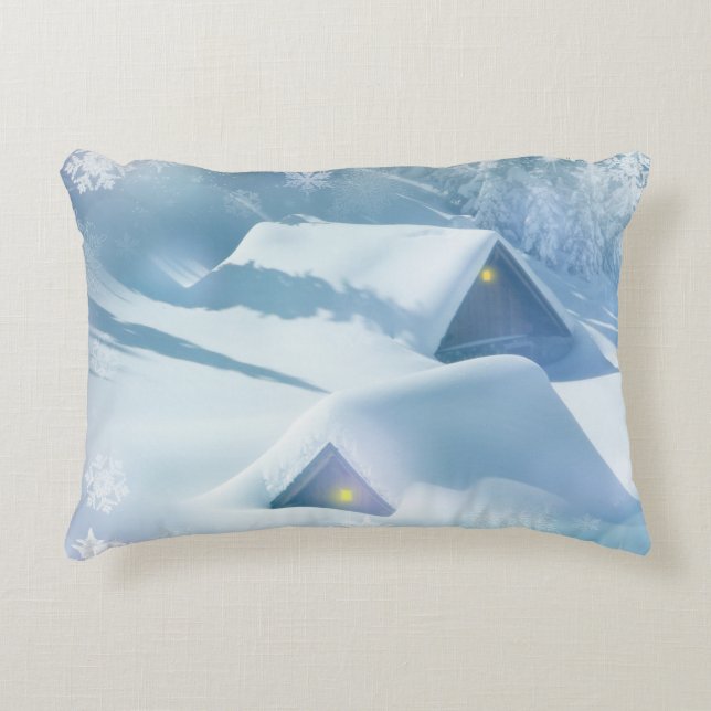Snow topped roof in a forest decorative cushion (Front)