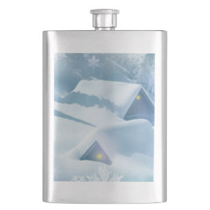 Snow topped roof in a forest hip flask