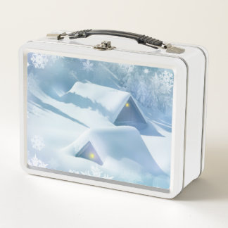 Snow topped roof in a forest metal lunch box