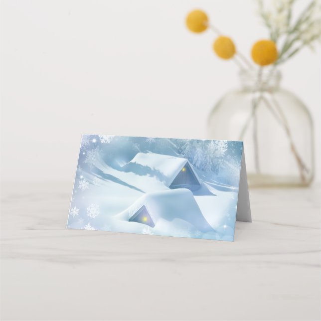 Snow topped roof in a forest place card (Front)