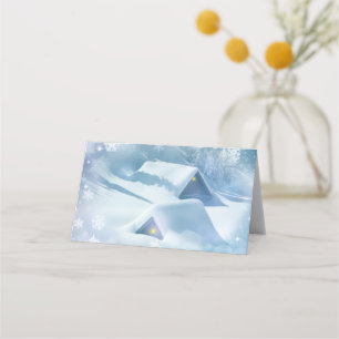 Snow topped roof in a forest place card