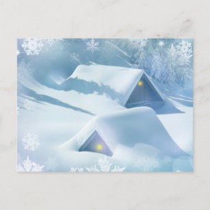 Snow topped roof in a forest postcard