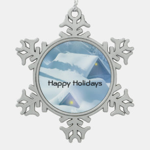 Snow topped roof in a forest snowflake pewter christmas ornament