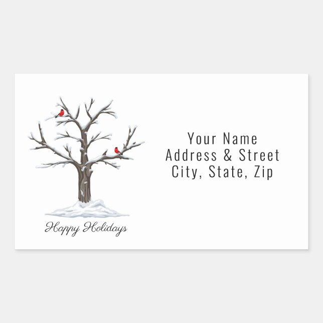 Snow Tree And Red Birds Christmas Happy Holidays Rectangular Sticker (Front)