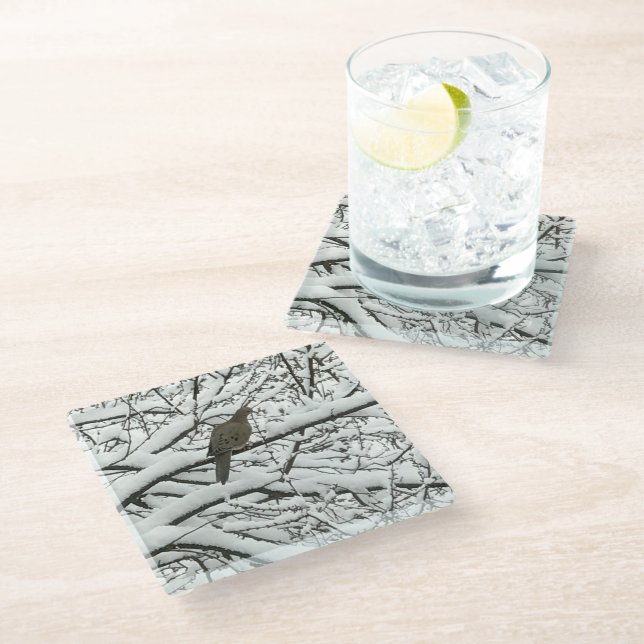 Snow Tree Branches Bird (photography by me) Glass Coaster (Angled)