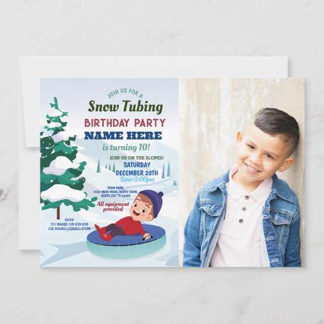 Snow Tubing Birthday Party Slopes Snow Photo Invitation (Front)