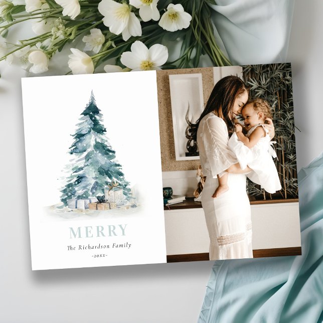 Snow Watercolor Pine Christmas Tree Gift Photo Holiday Card (Creator Uploaded)